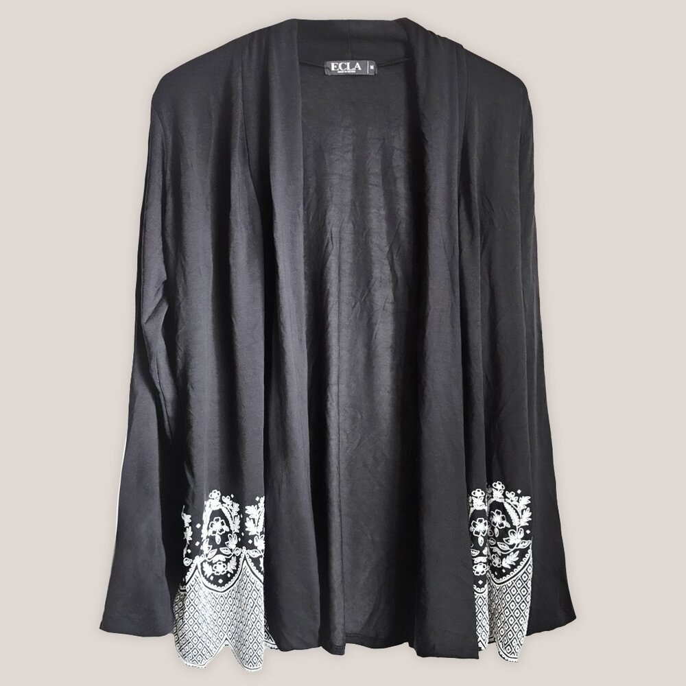 ECLA Black Open Front Cardigan Sweater with Long Sleeves & White Design